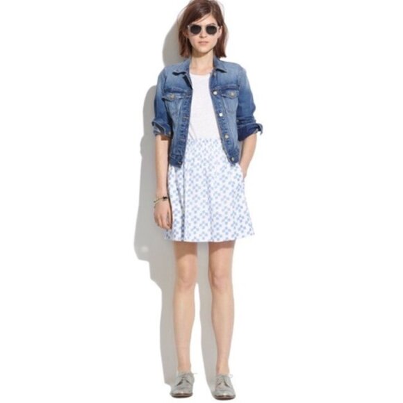 Madewell Ikat Blue Crosshatch Shirred Waist 100% Cotton White Mini Skirt Size S - Picture 1 of 7